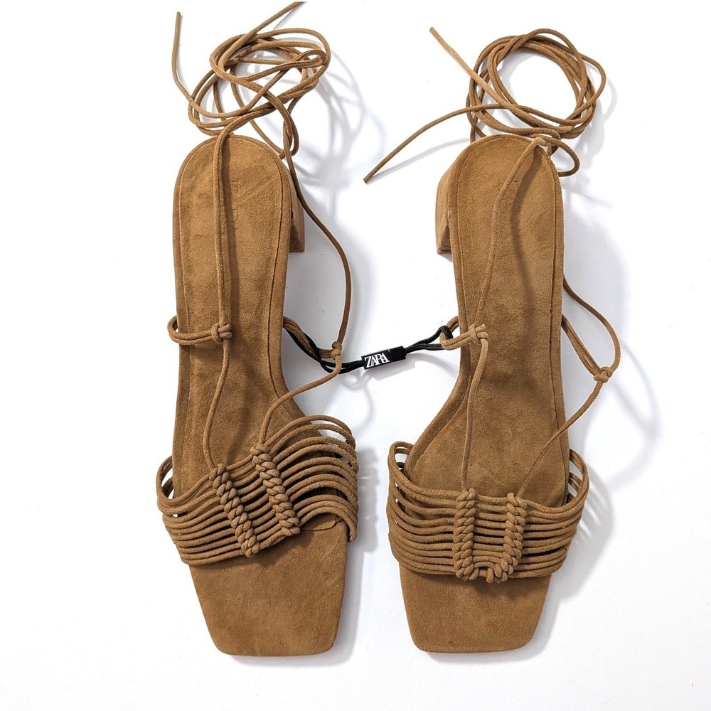 ZARA Lace Up Block Heel Sandals Brown Faux Suede Square Toe Strappy Sz 41 / 10.5 - Picture 10 of 14